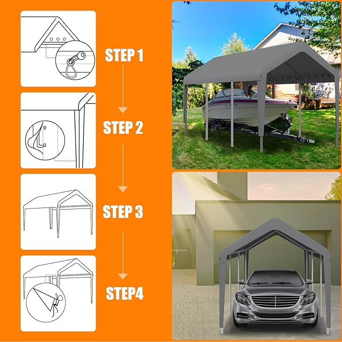 Carport Canopy 10'x20' Heavy Duty Replacement Cover, Garage Shelter Cover 800D Oxford Waterproof & UV Protected Tarp with Ball Bungees, Not Include Frame(Gray)