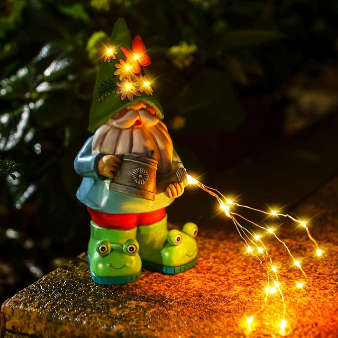 Solar Watering Can Gnome Resin LED Garden Statue | IP65 weatherproof figurine with 30 cascading warm lights; holiday gift for women & mom