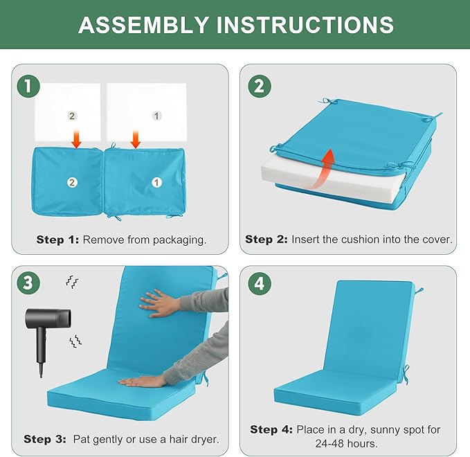 Summsun Patio Dining Chair Cushions with Non-Slip Bottom, Water Resistant Outdoor Seat Cushion with Ties, Removable Covers for Garden Lawn Patio Furniture, 44 x 20 Inch, Teal, Set of 4