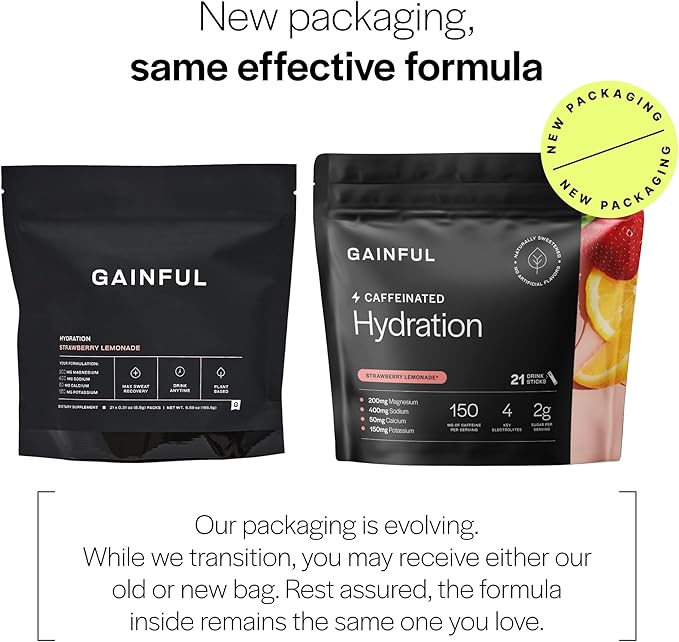 Gainful Hydration + Caffeine Powder Packets with Key Electrolytes Magnesium & Sodium + L Theanine, Low Sugar Drink Mix, Strawberry Lemonade, 21 Sticks