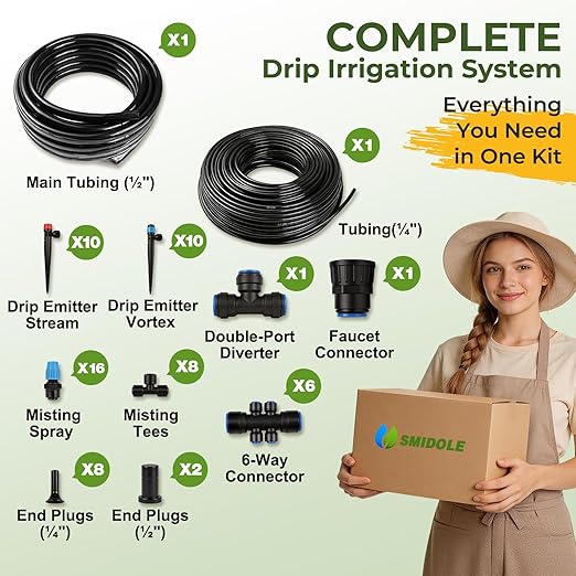 230FT Drip Irrigation System Kit, Quick Connect Garden Watering System, Complete Automatic Drip Irrigation Kit with 1/2" & 1/4" Tubing, Adjustable Emitters for Garden, Raised Beds & Greenhouse