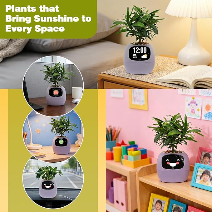 Smart Planter with App Control, Self-Watering AI Plant Pot with LCD Display, Interactive Desk Plant Companion for 100+ Plants, Smart Indoor Planter with Pomodoro Timer,80ml Reservoir,Calendar-Purple