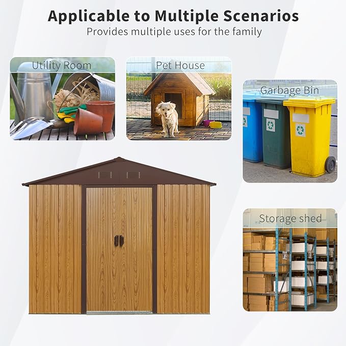 8x4 FT Outdoor Metal Storage Shed, Galvanized Steel Garden Shed with Window, Lockable Sliding Door, Sloped Roof, Ventilated Tool Storage House with Foundation Kit for Backyard Lawn Equipment, Coffee