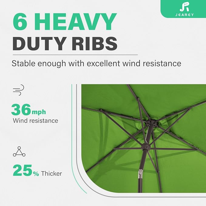 JEAREY 6.5x10 ft Rectangular Patio Umbrellas Rectangle Outdoor Umbrella with Push Button Tilt and Crank, Market Table Umbrella 6 Sturdy Ribs UV Protection for Poolside Garden Backyard Deck, Glass Green