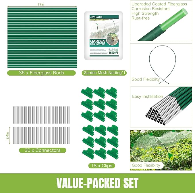 joyhalo 36pcs Garden Hoops for Raised Beds, Garden Mesh Netting Kit with 10x30 Ft Garden Net, Bird & Cicada Netting for Trees, Garden Mesh Protection for Greenhouse, Vegetable