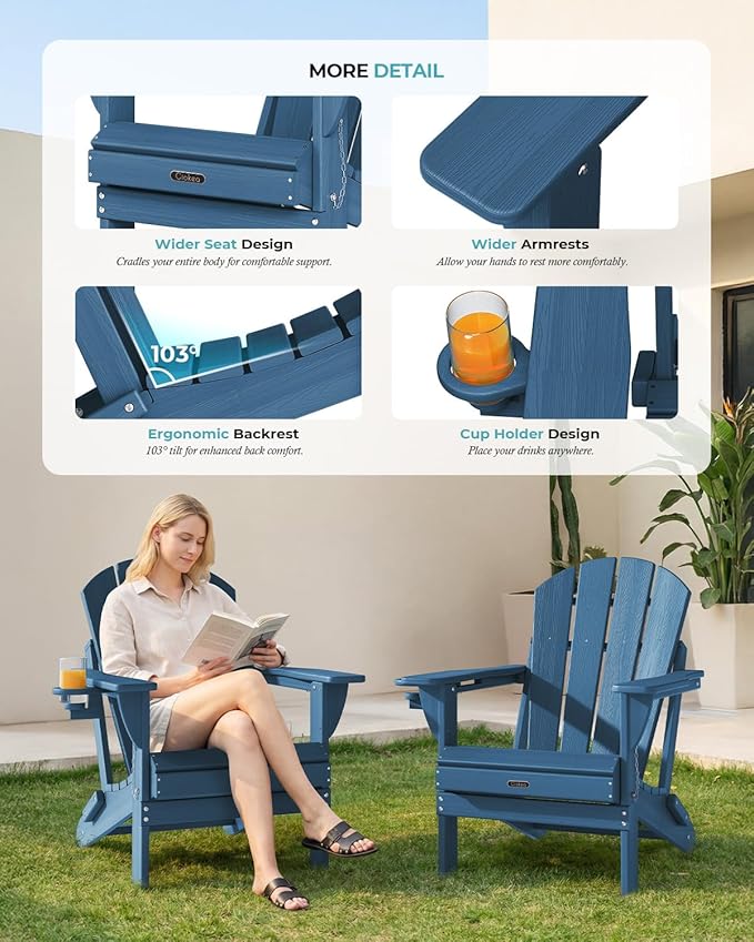 Ciokea Folding Adirondack Chair Wood Texture, Patio Adirondack Chair Weather Resistant, Plastic Fire Pit Chair with Cup Holder, Lawn Chair for Outdoor Porch Garden Backyard Deck (Royal Blue)