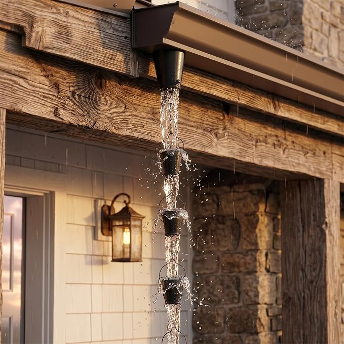 8.5FT Wrought Iron Rain Chain, Black Cup Bucket Design, 16 Cups, Gutter Adapter & Decorative Butterfly, Outdoor Garden Decor