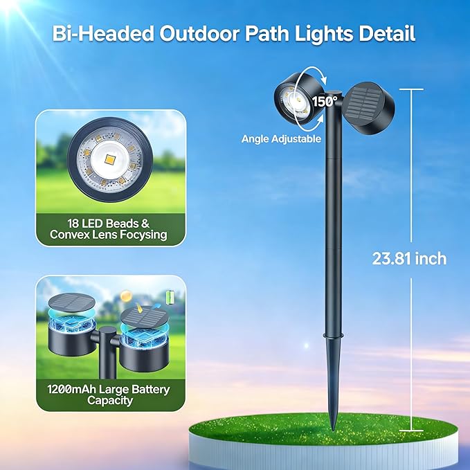 24 Inch Tall Solar Pathway Lights Outdoor, 2X Brighter & 150° Adjustable Dual-Head, IP65 Waterproof, Up to 15Hrs Auto On/Off Solar Landscape Path Lights for Yard Garden Driveway, 4 Pack
