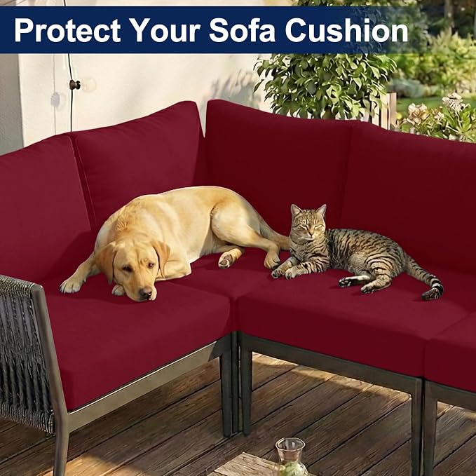 Smiry Waterproof Patio Cushion Covers, Stretch Outdoor Couch Slipcovers Replacement Washable Furniture Protector Sofa Chair Seat Cover for Dogs and Pets (8 Pcs, Wine Red)