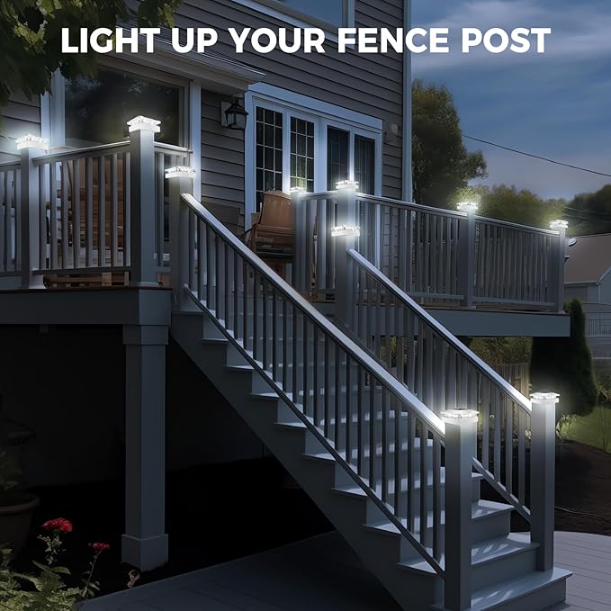 Peasur 4x4 Solar Post Cap Lights Outdoor with 3 Modes, 12 Packs White Fence Light Solar Powered Waterproof for Wood/Vinyl Posts for Deck Yard Garden Patio Outside