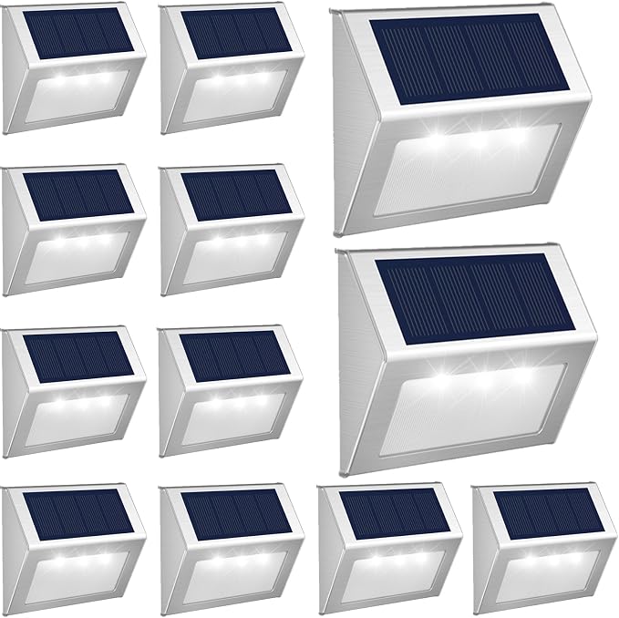 JSOT Solar Lights Perfect for Deck, Fence, Stair, Step Decor-Cool White-12P | Stainless steel material, waterproof, Solar Powered, yard, patio deck rail