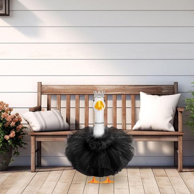 4 Pcs Princess Porch Goose Outfit for 23" 17" Cement Lawn Goose Costume Crown Necklace Tutu Skirt Feather Trim for Princess Outdoor Garden Lawn Art Decor (Black)