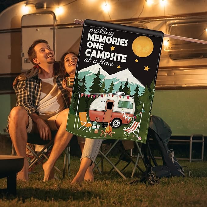 Dyrenson Camper RV 28 x 40 House Flag Double Sided, Making Memories One Campsite at a Time Camping Garden Yard Decoration, Campfire Firepit Burlap Outdoor Decor Decorative Large Flag