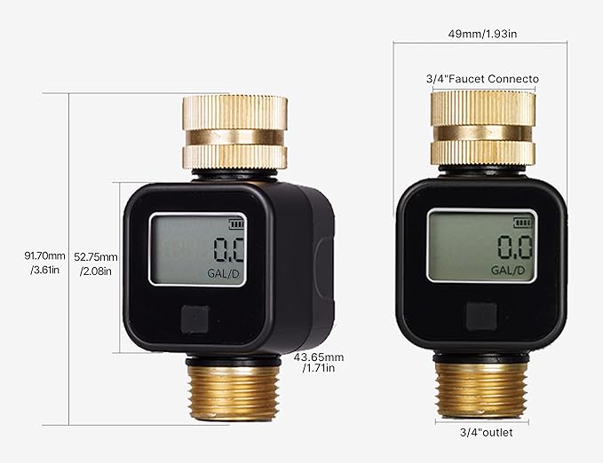 MOES Water Flow Meter with Brass Inlet & Outlet Metal Thread, Measure Gallon/Liter Consumption and Flow Rate for RV Water Tank Filling, Outdoor Garden Hose Watering, Lawn Sprinkler and Nozzle Sprayer