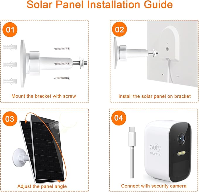 7W Solar Panel Compatible with Eufycam, USB-C Solar Charger for 5V Battery Cameras, IP66 Waterproof, 360° Adjustable Mount, 9.8ft Charging Cable, 2 Pack