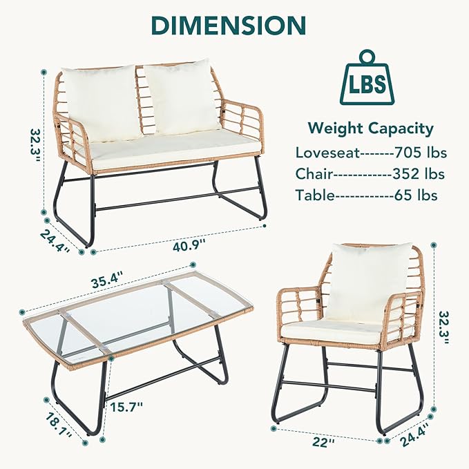 DUMOS Outdoor 4 Piece Patio Furniture Set, Wicker Patio Set with Thick Sandwich Structure Cushions, Deep Seating All-Weather Rattan Sofa and Functional Glass Table for Porch, Lawn, Brown