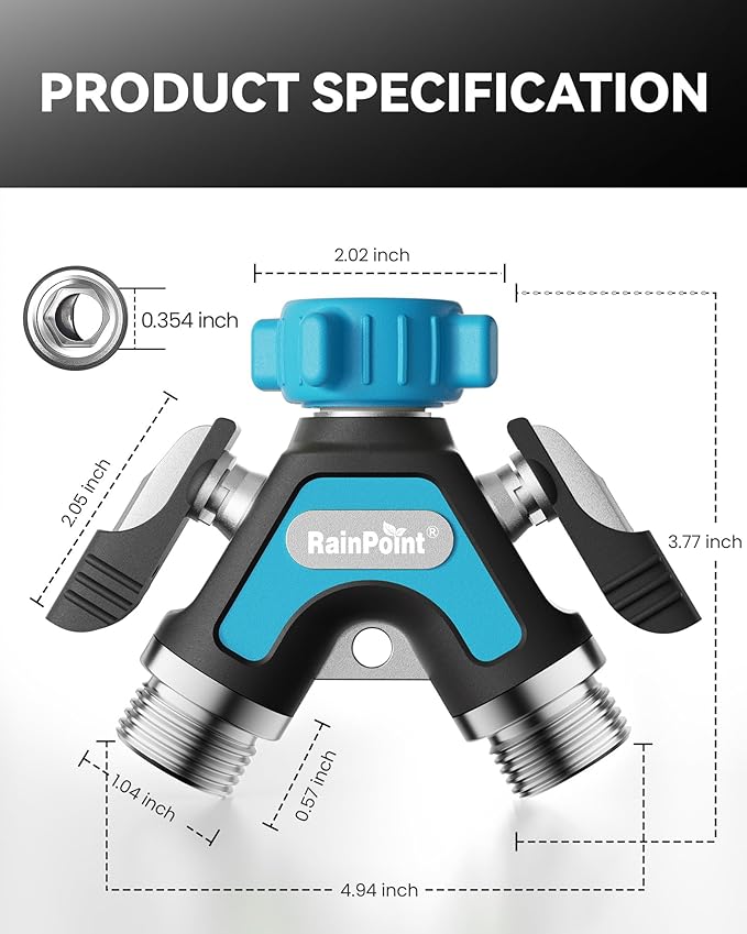 RAINPOINT Garden Hose Splitter 2 Way, All Metal Heavy Duty Water Hose Y Splitter With 2.05" Extra Long Side Handle & Shut Off Valves, 3/4 Inch GHT Thread Connector For Outdoor Spigot Faucet (Blue,2)