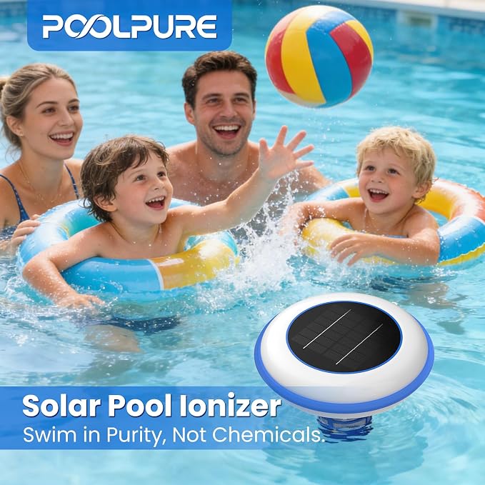 POOLPURE Solar Pool Ionizer, Copper Floating Cleaner, Use up to 85% Less Chlorine, Ideal Pool Cleaner for Above Ground, In-Ground Pools, Spas and Hot Tubs, Up to 35,000 Gal (White)