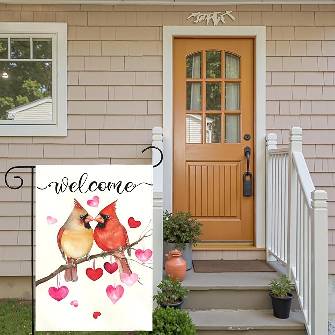 Welcome Valentine's Day Garden Flag Cardinal Love Heart Vertical Polyester Double Sided Yard Flags Holiday Anniversary Wedding Red Birds House Banner Farmhouse Valentines Day Decor 12x18 Inch