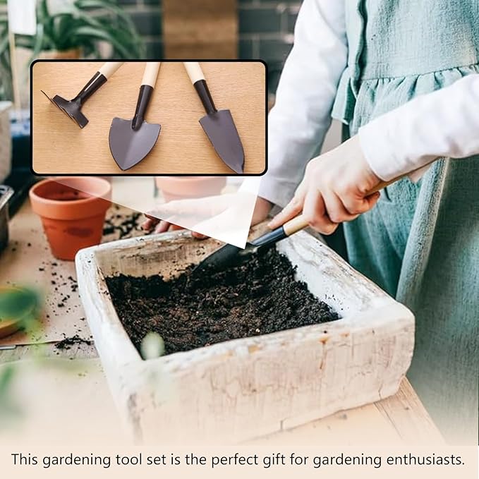3Pcs Mini Gardening Tool Set with Wooden Handles Includes Small Hand Rake and Spade Ideal for Bonsai and Potted Plants Care