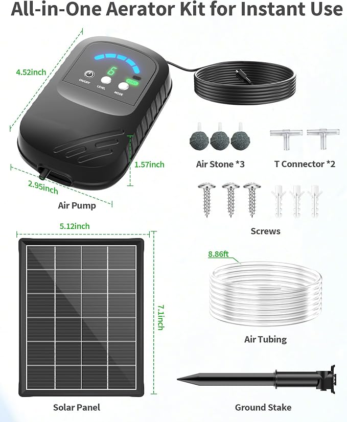 POPOSOAP Solar Pond Aerator with Digital Display, Solar Air Pump 7/24H Oxygen Supply with Battery, 9 Adjustable Mode Oxygen Pump for Fish Pond, Koi Pond, Aquarium & Fishing Tank-P9325