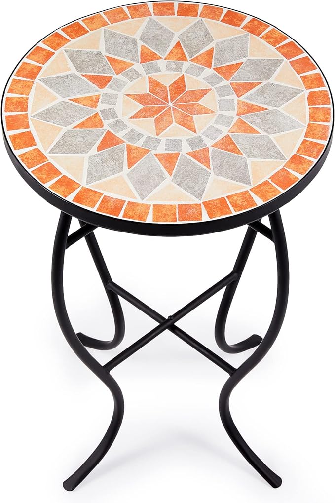 VONLUCE Mosaic Side Table and Plant Stand, 21" Round End Table with 14" Ceramic Tile Top, Indoor and Outdoor Accent Table, Porch Patio Furniture, Entryway & Coffee Table for Home & Garden, Quilt Star