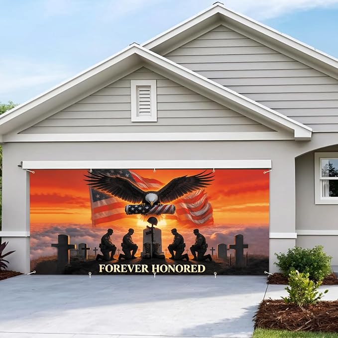 7 * 16FT Eagle USA Flag Memorial Day Garage Door Cover Decorations Independence Day Garage Door Banner for Outdoor Indoor Patriot Party Photography Backdrop