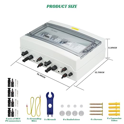 4 in 2 Out Solar Combiner Box,PV Combiner Box with 20A PV Fuse,DC 40A Circuit Breaker and Surge Protector,IP65 Solar Disconnect Switch Box for Indoor Outdoor Solar Panel System (4 in 2 Out 20A 1000V)