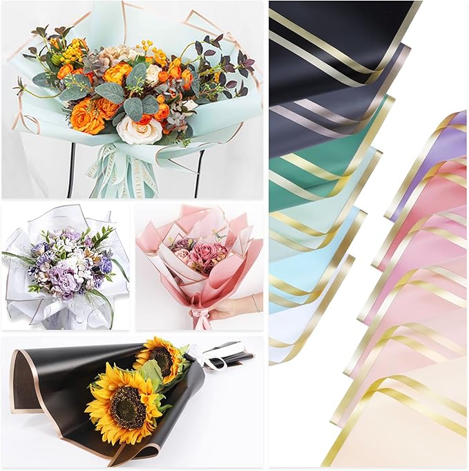 Whaline 120 Pcs Floral Wrapping Paper Folded Flat 12 Colors Gold Edge Waterproof Flowers Florist Bouquet Packaging Paper Colorful Wrapping Supplies for Wedding Birthday Mother's Day Shop DIY Craft