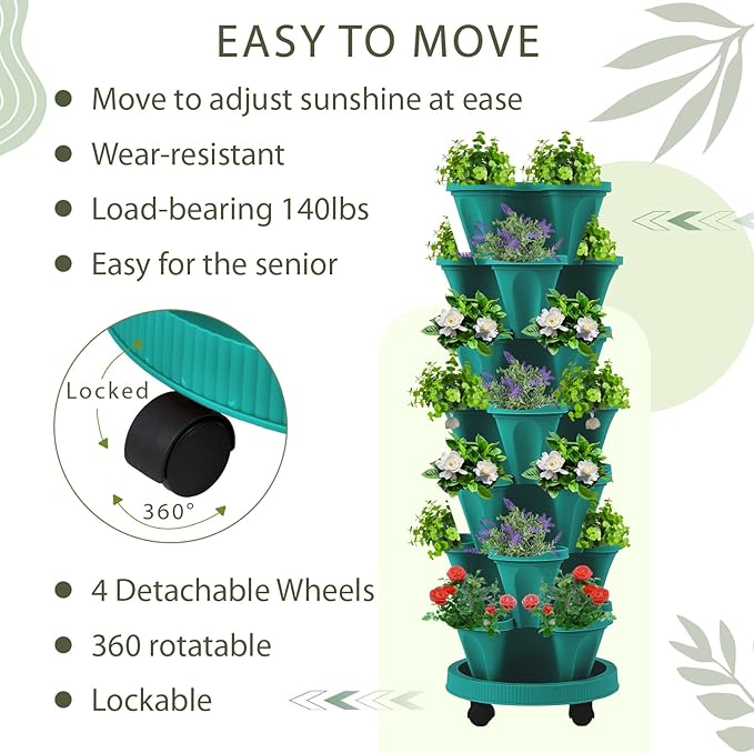 Umigy 1 Set Dark Green 7 Tier Vertical Planter Stackable Tower Planters Strawberry Herb Flower and Vegetable Pots Indoor Outdoor Gardening Pots with Removable Wheels and Tools