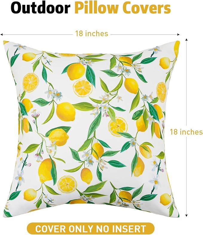 SquarePie Outdoor Pillow Covers 18x18 Inch Set of 2 - Waterproof Lemon Square Cushion Covers for Patio Garden Furniture, Summer Yellow Citrus Decorative Throw Pillow Cases for Couch Sofa Balcony Bench