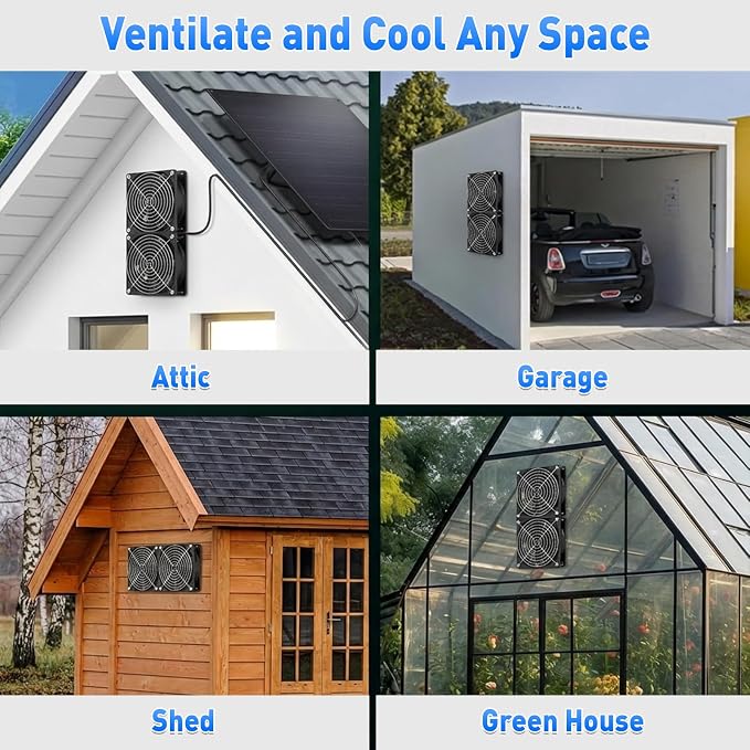 Solar Powered Fan, 25W Solar Fans for Outside Vent Exhaust Fan Waterproof for Shed Chicken Coops Greenhouse Doghouses Pet House for Intake or Exhaust Air Cooling