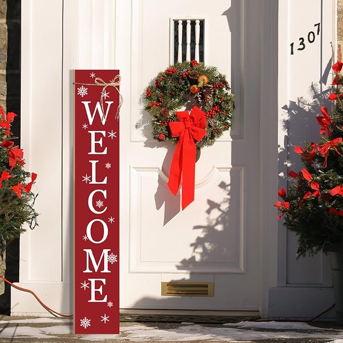 Christmas Porch Sign Welcome Sign For Front Porch Snowflake Red Home Decor Indoor Outdoor Wintern Wooden Vertical Sign For Patio Front Door Porch Wall Yard Outdoor