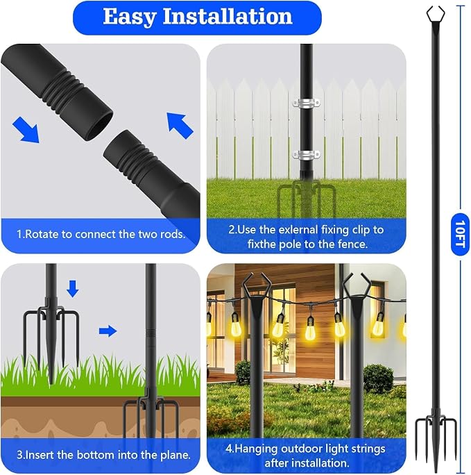 SINLEY 2 Pack String Light Poles,10 Ft Metal Poles with Fork for Outdoor String Lights,Outdoor Light Poles with Fork,Poles/Post/Stand for Outside,Patio,Deck,Backyard,Garden Wedding,Party