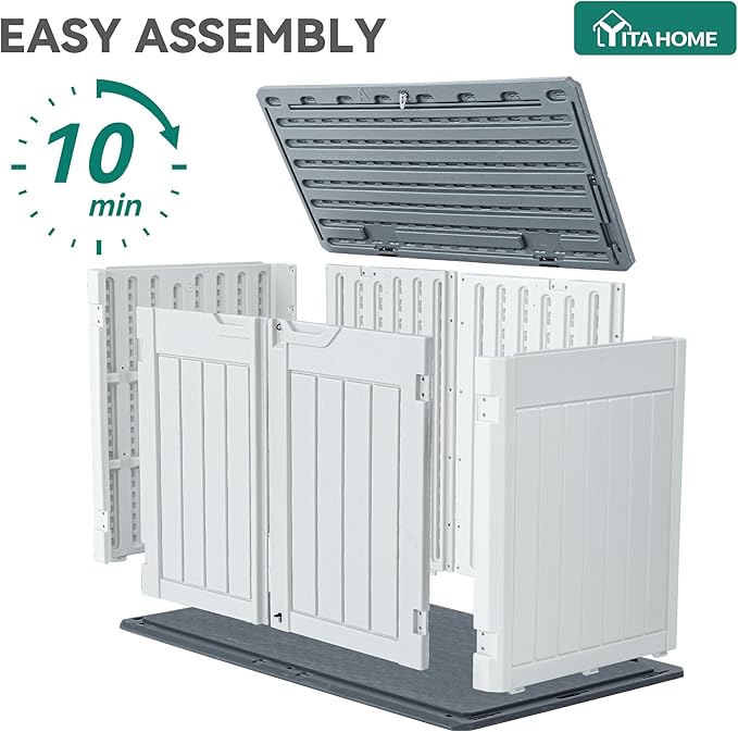 YITAHOME Large Outdoor Horizontal Storage Shed, 47 cu ft Resin Tool Shed w/o Shelf, Outdoor Waterproof Storage with Floor for Trash Cans, Garden Tools, Lawn Mower, Lockable, 4.5x2.8x3.9 ft, Light Gray