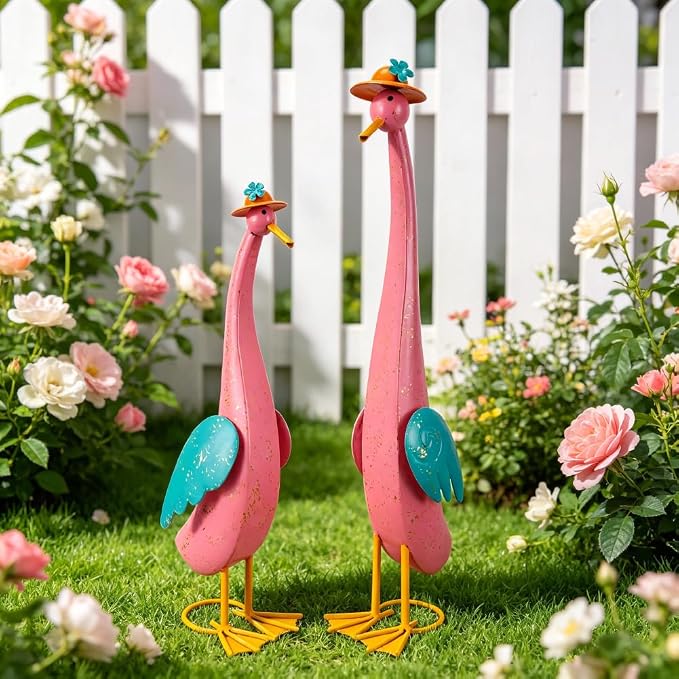 22" Duck Garden Statue Set of 2 Metal Ducks | Outdoor Decor Porch Animal Figurine Yard Art Sculptures Rustproof Lawn Ornament for Outside Patio Backyard Decorations