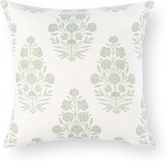 Crumbs Home Modern Farmhouse Fall Linen Indoor Outdoor Throw Pillow Cover Only, 20"x20" Water Repellent for Patio, Backyard, Couch, Light Green Neutral Floral