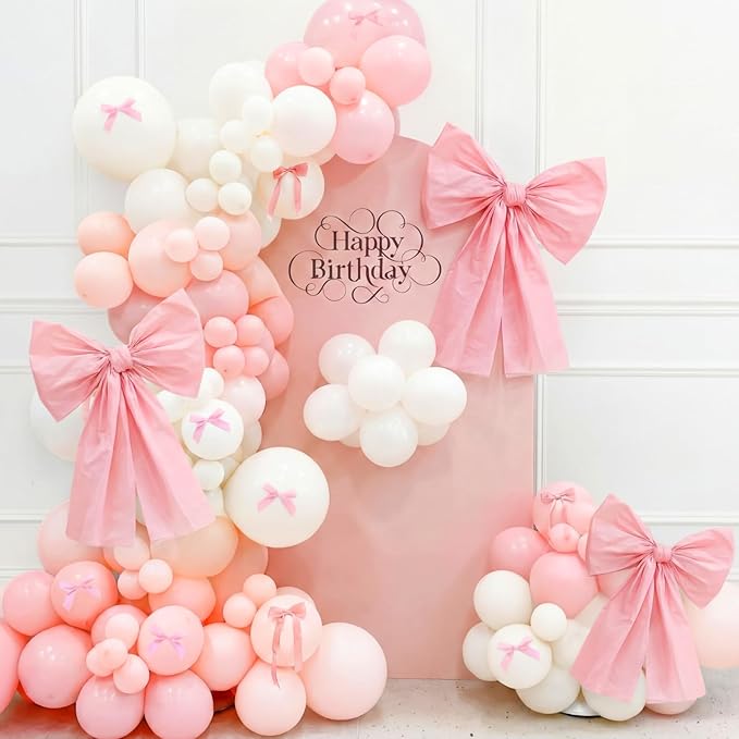 Pink Bow Birthday Decorations Set 4 DIY Giant Wall Large Pink Bows 100 Link Balloons Hanging Cute Items for Coquette Home Room Wedding Birthday Baby Shower Party Supplies