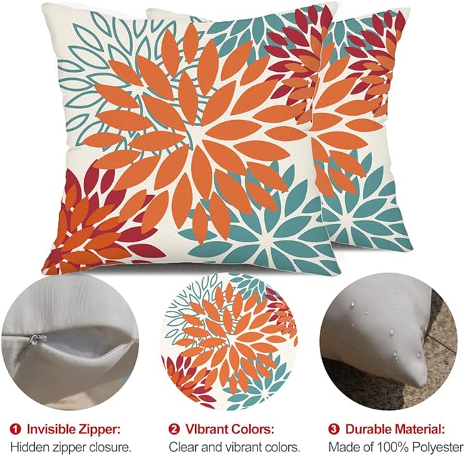 DFXSZ Orange Teal Red Flower Pillow Covers 18x18 Inch Set of 2 Fall Throw Pillows Outdoor Waterproof Decor for Living Room Sofa Patio Funiture Garden Floral Polyester Pillow Covers 002Y18
