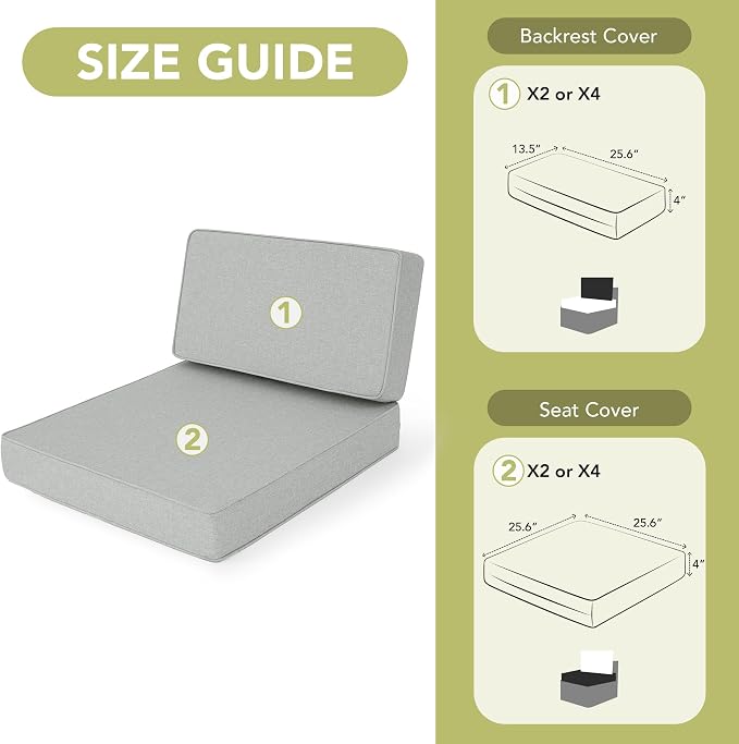 Outdoor Furniture Cushions 25.6x25.6 Inch, Deep Seat Patio Couch Cushions Replacement for Sectional Conversation Set Sofa Loveseat, Water Resistant, Removable Cover, Set of 2, Light Grey