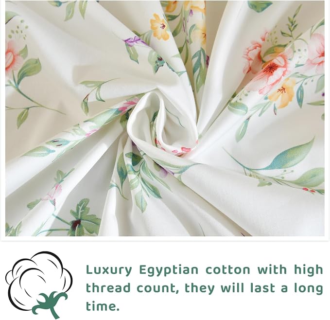 QSH Green Floral Egyptian Cotton Sheets King Size, Yellow Flowers Pattern Printed Bed Sheets Sets King Size Botanical Aesthetic Extra Soft and Breathable 17.5" Deep Pockets Bedding Sheets 4pcs