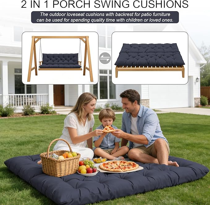 Porch Swing Cushions, Outdoor Swing Replacement Cushions 3 Seater with Backrest, Waterproof Bench Cushion with Ties,for Patio,Porch, Garden,Backyard