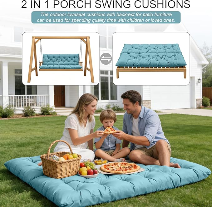 Porch Swing Cushions, Outdoor Swing Replacement Cushions 3 Seater with Backrest, Waterproof Bench Cushion with Ties,for Patio,Porch, Garden,Backyard