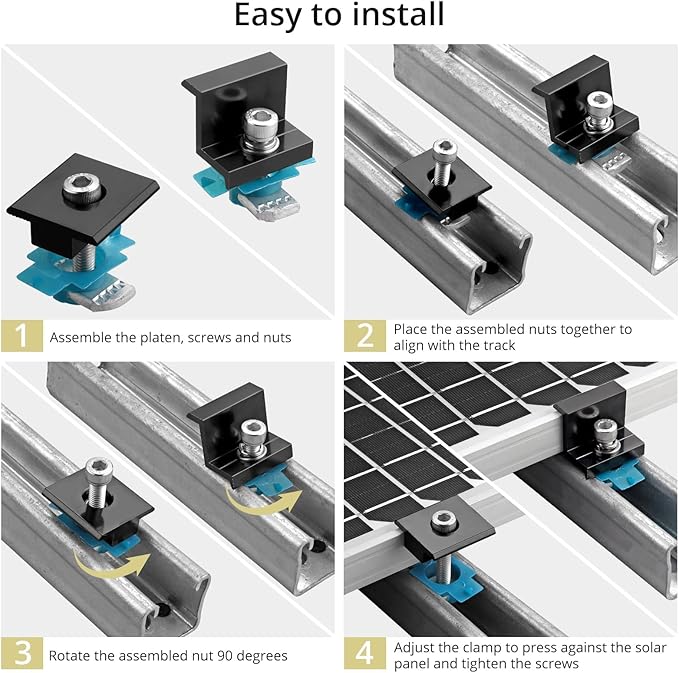 Anbte 10 PCS Solar Panel Mounting Brackets for Unistrut, Aluminium 30mm 6 x T-Shaped Mid Clamps + 4 x End Clamps, Solar Panel Mounting Kit for Metal, Tin, Flat, Sheet Roofs, RV, Black