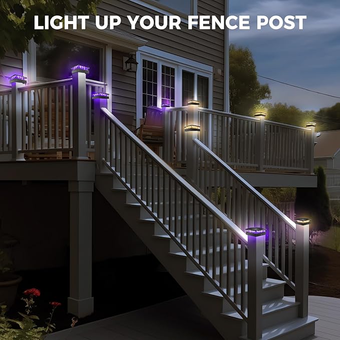 Peasur 2 Packs 4x4 Solar Post Cap Lights Outdoor, Purple & Warm White LED Fence Caps Light Waterproof, Wood & Vinyl Post Top Lighting for Deck Mailbox Railing Porch Outside