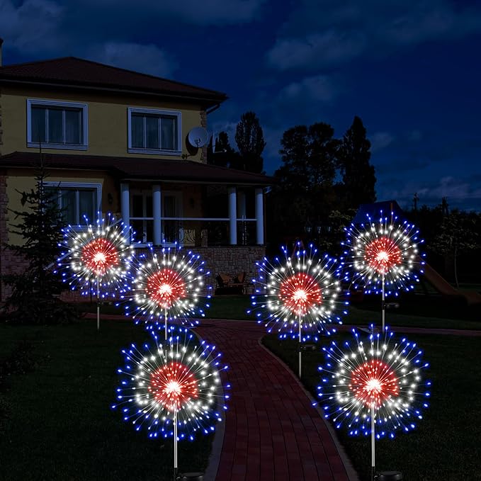 Tujoe 6 Pcs 4th of July Solar Firework Lights Patriotic Solar Light Outdoor Garden 120 LED 8 Modes Waterproof LED Sparkler Light for 250th Anniversary Patio Yard Pathway Walkway (Colorful)