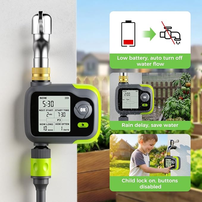 Sprinkler Timer, Watering Timer for Garden Hose, Programmable Hose Faucet Timers w/Rain Delay, Outdoor Soaker Automatic& Manual Drip Irrigation Controller System for Lawn Yard Greenhouse