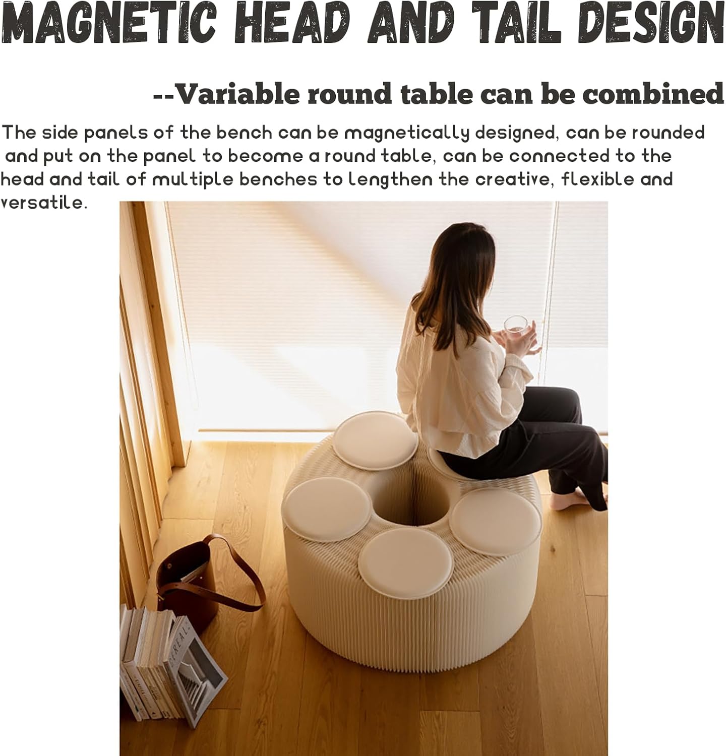 Foldable Kraft Paper Stool, Honeycomb Accordion Folding Bench, Collapsible Paper Stool for Small Spaces, Portable Footrest and Side Table for Living Room and Office,White-44×31×300cm