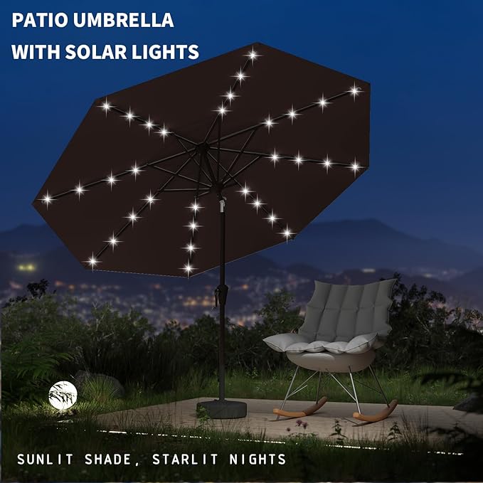 9FT Patio Umbrella with Solar Lights,Outdoor Market Umbrella with Tilt and Crank, LED Lighted Table Umbrella for Garden,Deck,Backyard,Pool,Beach
