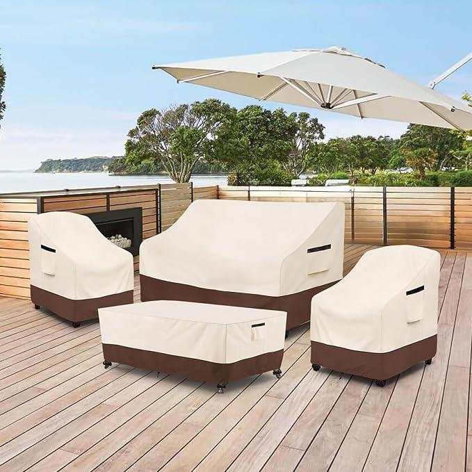 Rileytee Patio Furniture Set Covers, 4 Piece, 600D Heavy Duty Waterproof, for Loveseat, Chair and Coffee Table, (Beige and Brown,Medium)